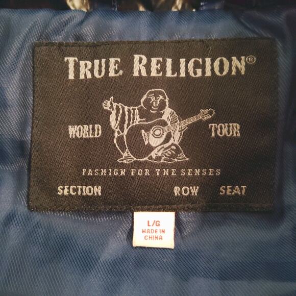 True Religion Puffer Jacket Men's Large Blue Shiny Detachable Hooded Full Zip - Picture 3 of 7